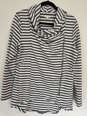 Main Strip Women's Grey and White Striped Cowl Neck Jacket - Size Large